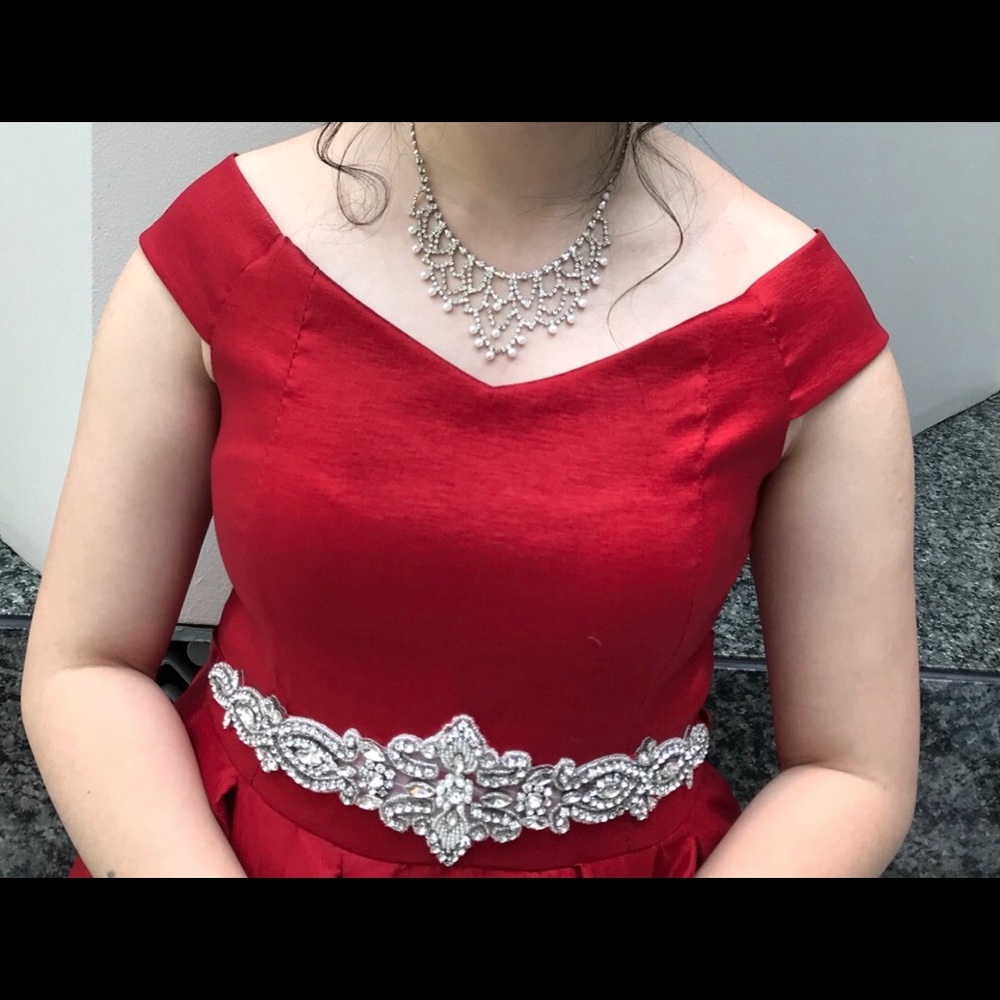 Red Prom Gown Bridesmaid Dress with Golden Tassels
